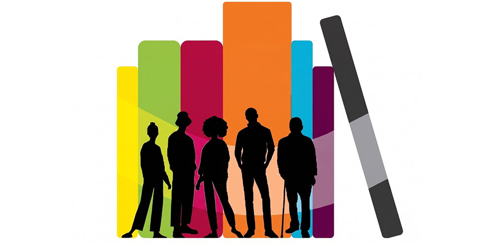 A graphic showing the silhouettes of five people, standing against some colourful books.