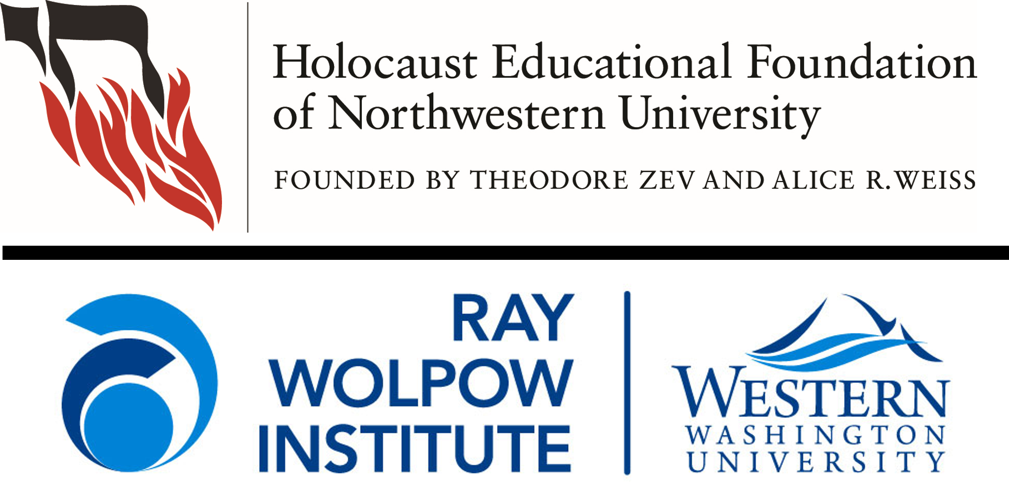 The logos of The Holocaust Educational Foundation of Northwestern University featuring flames and Hebrew script and the Ray Wolpow Institiute at Western Washington University featuring a mountain and a blue swirl