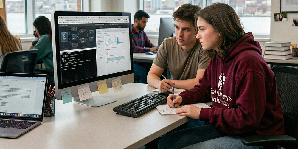 Two young people looking at a computer screen with graphs on it.