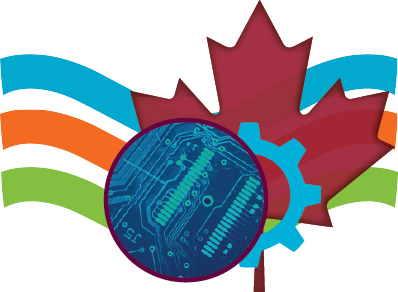 three waves, circuit chip, cog and maple leaf combined to describe topic visually