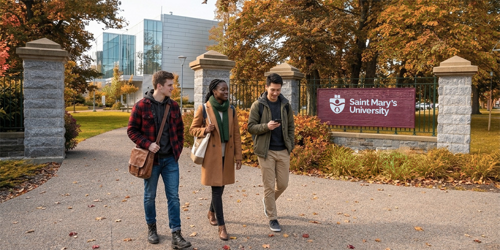 Three people walking through gates on Inglis Street. A Saint Mary's sign is visible.